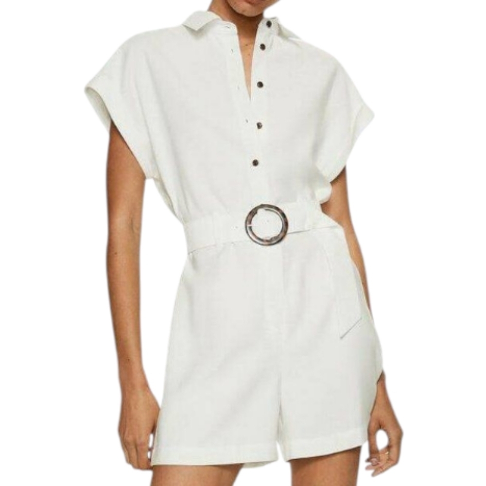 Mango Alec Playsuit Romper White Button Front Belted Women Small NWT Summer